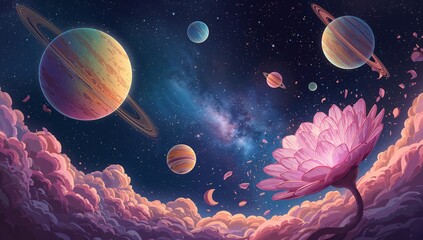 Floating giant pink lotus flower rising in cosmic clouds, with drifting petals and ringed planets