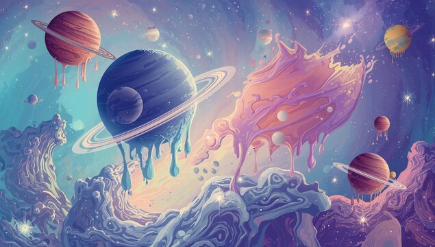 Melting ringed planets dripping liquid into pastel nebula clouds in outer space, with stars - Powered by Adobe