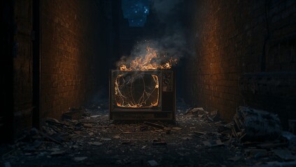 Crackling vintage CRT television set burning in narrow urban alley at night, with scattered debris