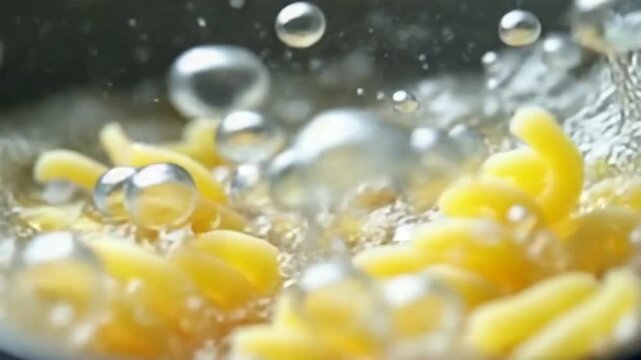 Fusilli pasta falls into boiling water. Filmed on a high-speed camera at 1000 fps. High quality FullHD footage