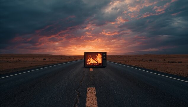 Sitting vintage CRT television set showing flames on desert road at dusk, with yellow road markings - Powered by Adobe