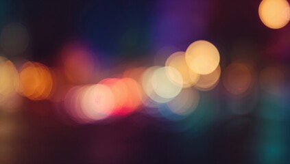 Glowing multicolored circular light spots forming bokeh in urban night, with warm cool dreamy glow