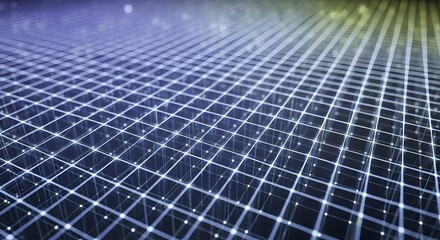 Abstract digital grid pattern with glowing nodes creating a futuristic network or data visualization concept with a deep blue and purple gradient background