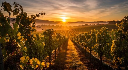 Golden sunrise illuminates rolling hills covered in lush green vineyard rows with morning mist