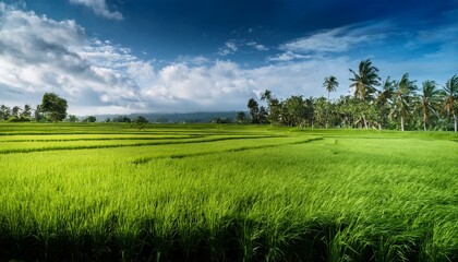 lush green paddies under a vast sky with tall trees and abundant fertility