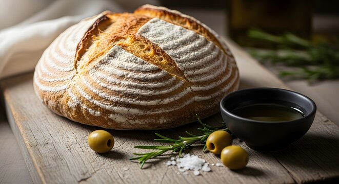 Artisan sourdough bread with rosemary olives and olive oil on a rustic wooden board - Powered by Adobe