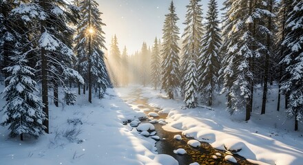 Sunlight streams through snow covered pine trees illuminating a winding path beside a partially frozen forest stream during winter