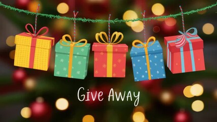 Colorful festive gift boxes hanging on christmas tree with bokeh lights