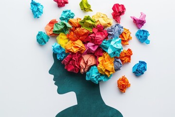 Colorful ideas overload, woman's mind, creative brainstorming, problem-solving