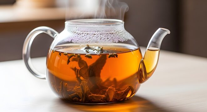 A clear glass teapot filled with steaming hot herbal tea and loose leaf tea leaves brewing inside on a table - Powered by Adobe