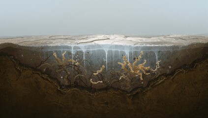 Showing permafrost cross-section dripping icicles into dark soil in tundra with golden filaments