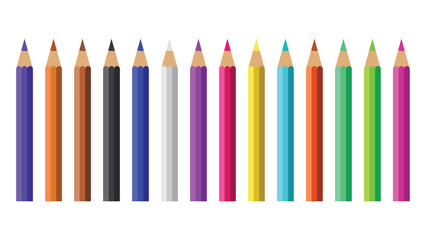 Set of colorful school and art supplies.The design shows a row of colored pencils in various colors, including black, blue, green, yellow, pink, and more.