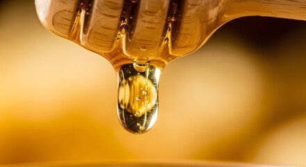 Viscous golden honey dripping from a wooden dipper creating a beautiful translucent droplet with blurred warm background