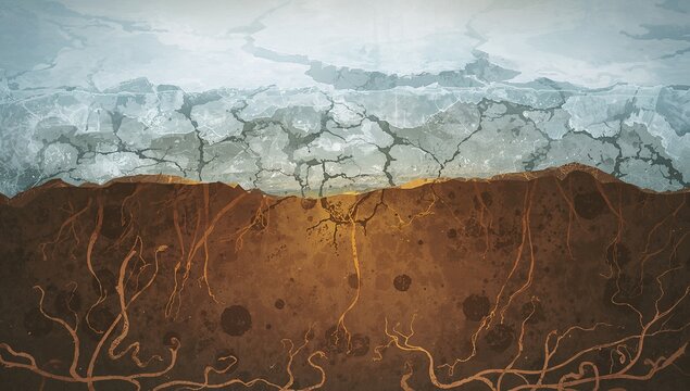 Depicting subsurface cross-section of ice layer over brown soil with ice fractures, roots, patches - Powered by Adobe