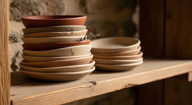 Stack of handmade terracotta and ceramic bowls displayed on a rustic wooden shelf in a dimly lit workshop setting - Powered by Adobe