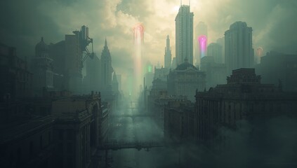 Glowing central skyscraper piercing low clouds in metropolis, with neon beams and sky bridges