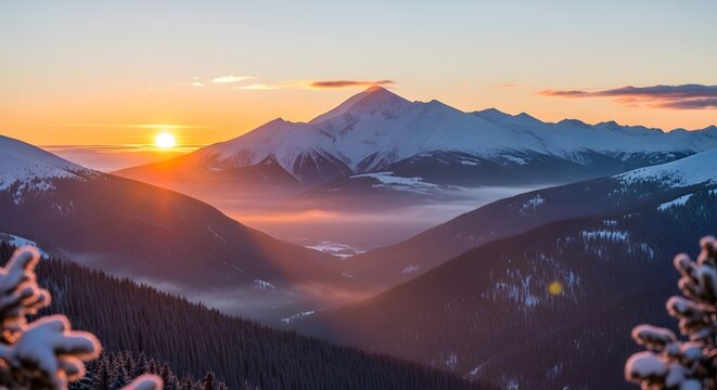 Majestic mountain range bathed in the warm glow of a vibrant sunrise casting long shadows across misty valleys below - Powered by Adobe