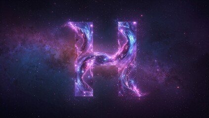 Glimmering nebula H swirling in deep space, with surrounding stars and diffuse clouds
