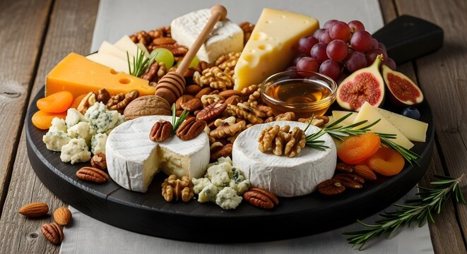 Gourmet cheese board featuring a variety of cheeses nuts fruits and honey presented on a rustic wooden platter for a delightful appetizer spread