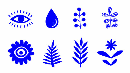 Abstract Blue Hand-Drawn Symbol Collection, Vector abstract logo templates, icons and symbols, art prints with minimal shapes in floral wavy ink rough hand drawn naive style