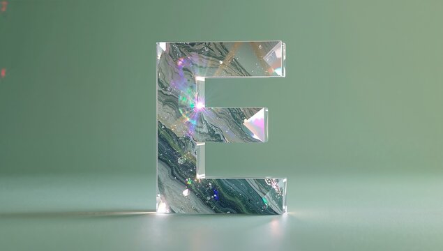 Glowing 3D letter E radiating light on pale green surface in studio, showing swirling marble veins - Powered by Adobe