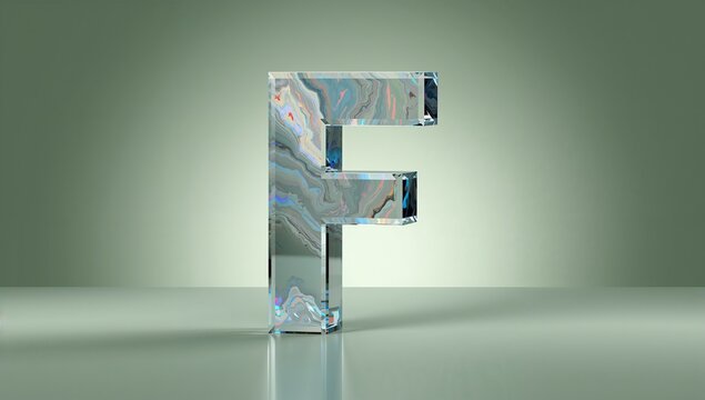 Displaying glass letter F sculpture casting mirrored reflection on studio table with marble pattern - Powered by Adobe