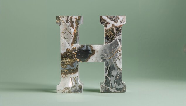 Standing marble-textured 3D letter H on mint-green backdrop, showing minimalist monochrome design