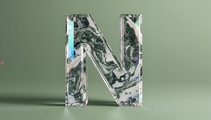Showcasing 3D letter N sculpture shimmering with marble interior and clear shell on green backdrop