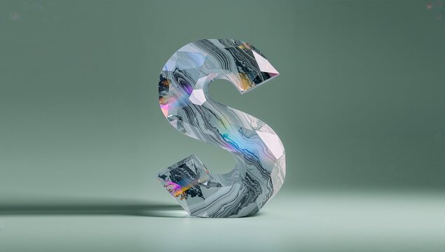 Standing 3D letter S with marbled texture upright in gallery-style studio, casting soft shadow