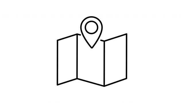 Minimalist animation of a folded map with a location marker in outline icon style. Looped motion, alfa channel, overlay, black lines, white background, navigation concept.