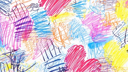 Filling white canvas with overlapping scribbles in red pink purple blue yellow orange art