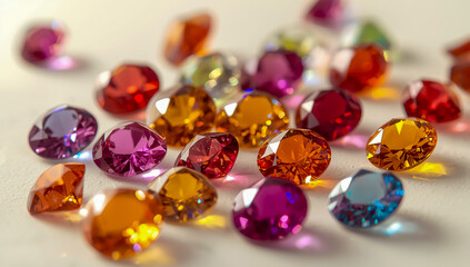Close-up of colorful rainbow gemstones scattered on a smooth surface, sparkling and shiny.