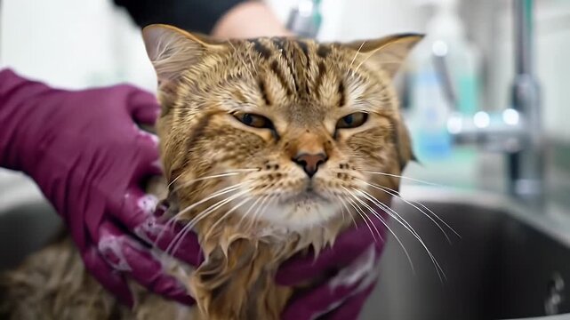 Close Up Video of a Damp Brown Tabby Cat Enjoying Gentle Bath Time in a Stainless Steel Sink with Pink Gloves Held by a Person with Calm Expression