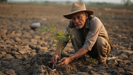 Planting senior farmer wearing straw hat placing tree sapling in dry field, cracked soil