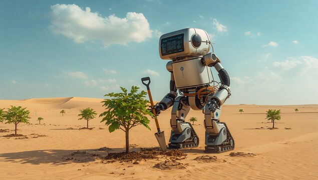 Humanoid robot planting tree sapling in desert dunes, with shovel, mechanical treads and cables