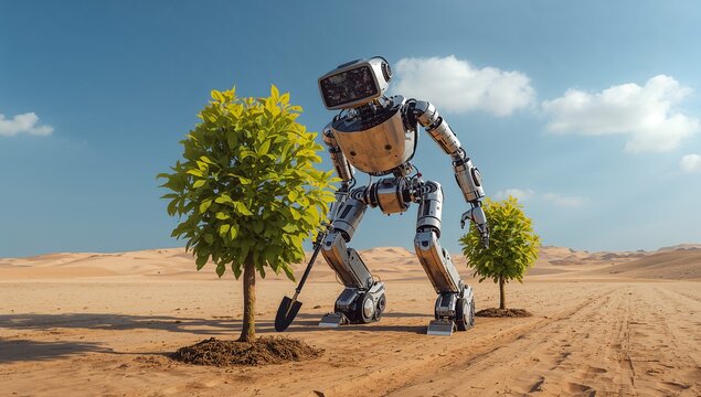 Kneeling metallic robot digging soil around two saplings in arid desert, with shovel and sand dunes - Powered by Adobe