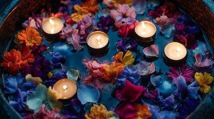 Fototapeta premium Top-down view of dark bowl with still water, floating candles and colorful petals, calm light in quiet reflection.