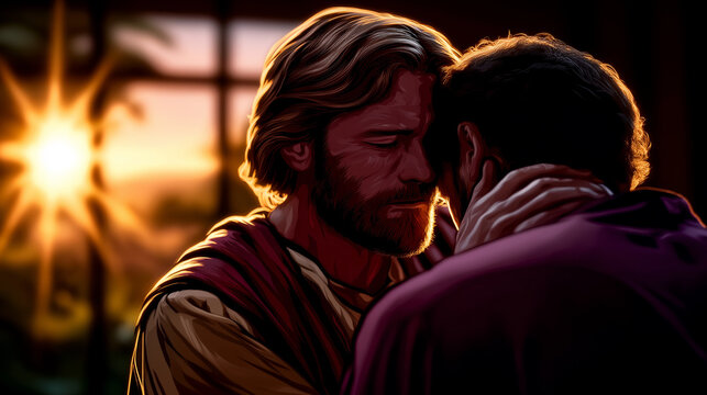 Close-Up Stained Glass Prodigal Son Return and Father's Embrace Scene