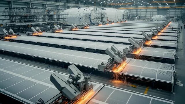 Overhead view of multiple fabric panels laid flat and simultaneously heatsealed in a rigid airship envelope production bay.