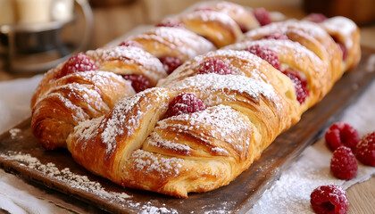 Freshly baked raspberry braid sprinkled with powdered sugar, creating a tempting dessert
