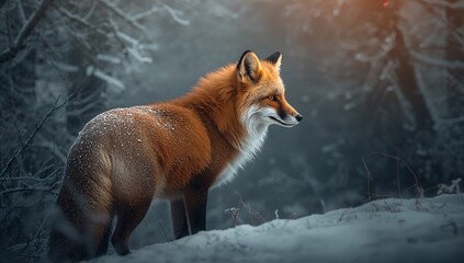 Standing solitary red fox gazing right with perking ears on snow-covered slope, winter forest