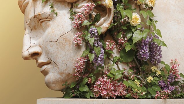 Displaying marble classical bust with vines entwining around pedestal in gallery, with pink blooms - Powered by Adobe