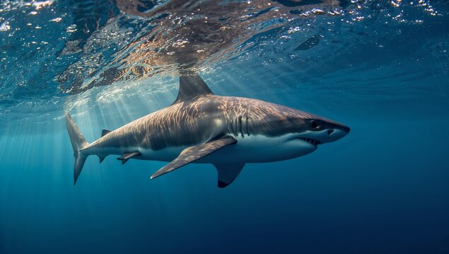 Gliding solitary shark casting rippled light patterns underwater near surface, with sunlight shafts