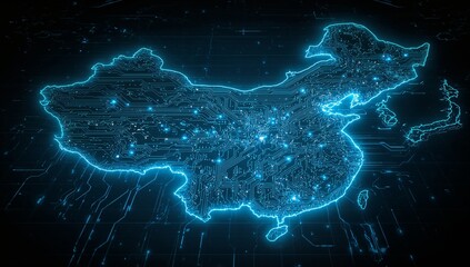 Showing neon blue China map floating over grid in 3D network with lit traces, nodes