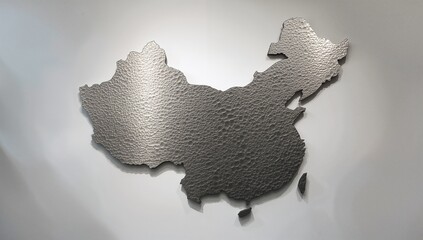 Floating textured metallic relief map of China on white gallery wall, with directional spotlights