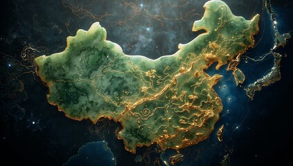 Floating relief-style map of China above star-field backdrop, glowing gold network lines