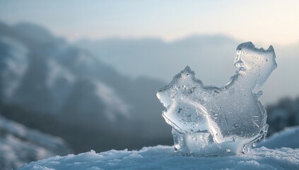 Displaying ice formation shaping China map on snow, catching light with blurred peaks, copy space