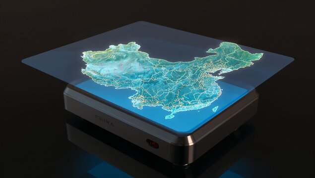 Beveled-edge device projecting 3D map of China on dark tabletop, with red LED indicator