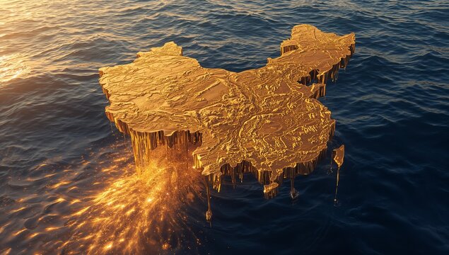 Floating gold relief map of China melting into molten streams at ocean sunset, sunlight glinting