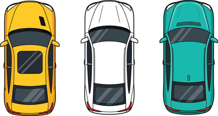 Fototapeta premium Three colorful cars viewed from directly above, showcasing their distinct designs and vibrant colors.